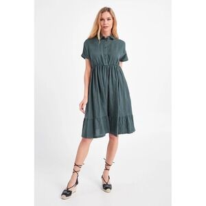 MaxMara Leisure Green Linen Button Front Tiered Midi Dress